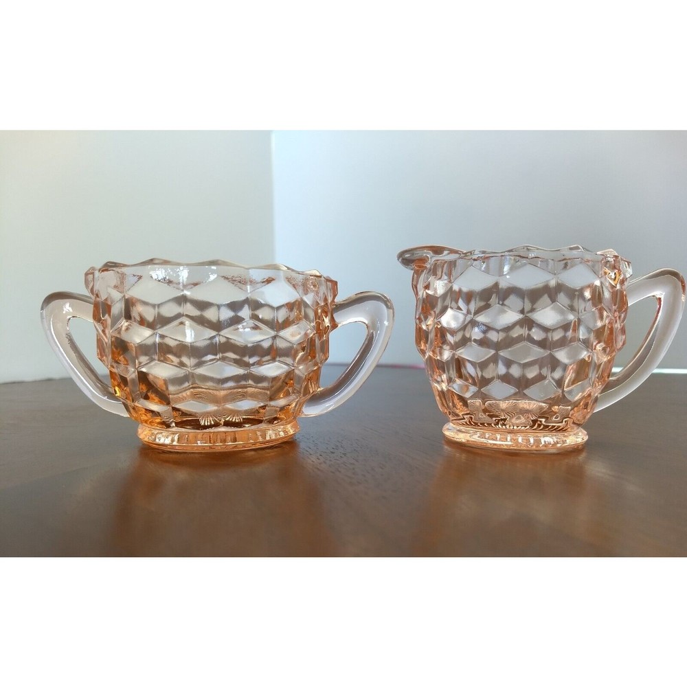 PINK DEPRESSION GLASS Creamer &‎ Sugar Bowl Set Jeanette DIAMOND CUBIST Vintage